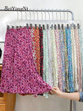Yipinpay Korean Fashion Midi Skirt Women Vintage Floral Print High Waist Pleated Skirts 2023 Spring Summer Chic A-line Faldas