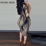 Yipinpay Women Elegant Off Shoulder Half Long Sleeves All Over Print Midi High Silt Bodycon Skinny Dresses