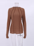 Yipinpay Brown Knitted Tops Women Bodycon T-Shirt Frill Long Sleeve Solid Basic Tops Miyake Pleats Female Inner Tee Office