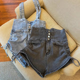 Yipinpay Straps Overalls Shorts Women Fashion Drawstring Jumpsuit High Waist Slim Jeans 2024 Summer Leg Wide Leg Hot Pants