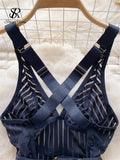 Yipinpay French Style Striped Erotic Playsuits Women Strap Hollow Out Backless Slim Underwear Black Lingerie Sexy Bodysuits