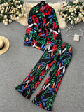 Yipinpay Autumn Print Suits Single Breasted Cardigan Bow Irregular Blouse+Pleated Wide Leg Long Pants Women Senior Vintage Sets