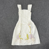 Yipinpay New 3D Flower Dress Women Ruffle Edge Gentle Fairy Style White Square Neck Sleeveless Waist Slim A-line Mid Length Dress