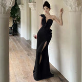 Yipinpay Elegant Dresses Women Sexy Diagonal Collar Irregular Off Shoulder Ruffles Backless Slim Split Mermaid Dress Party Ladies