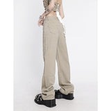 yipinpay Women's Khaki Wide Leg Jeans Star Pocket Vintage Straight Pants High Waist Baggy Streetwear Casual Brown Denim Trouser Ladies