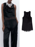Yipinpay Women Solid Tassel Shirt 2023 Spring Autumn Causal Sleeveless Thin Tops Fashion Pullover Pile Collar T-Shirts