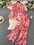 Yipinpay Summer Vintage Beach Three Pieces Suits Ladies Oversize Blouse+Wide Legs Long Pants Pleated Loose Casual Print Sets