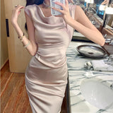 Yipinpay Elegant Dresses Women Sleeveless Swinging Collar Satin Slim Stretch Solid Sexy Temperament Dress Office Lady Fashion