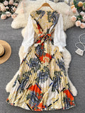 Yipinpay Ethnic Style Print Dress Women Spring New Fashion Puff Sleeve Lace-up Design Sheath 2024 Retro A-Line Long Dress