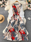 Yipinpay Ethnic Style Print Dress Women Spring New Fashion Puff Sleeve Lace-up Design Sheath 2024 Retro A-Line Long Dress