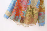 Yipinpay Patchwork Print Shirts And Blouses For Women Vintage Button Up Shirt Women Asymmetric Long Sleeve Top Female Summer Tops