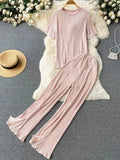 Yipinpay Pleated Fashion Solid Set Women Loose O Neck Tops Elastic Waist Split Wide Leg Long Pants Ladies Elegant Two Piece Set