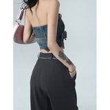 yipinpay Suit Pants High Waist Summer Grey Vintage Wide Leg Trouser Straight Street Baggy Hollow Out Design Office Ladies Pants