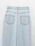 Yipinpay 2024 Women Light Blue Front Slit Denim Skirt Vintage High Waist Unfinished Hem Female Midi Skirts