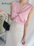 yipinpay Women Vest Blouses Cross V-neck Sleeveless Sexy Office Ladies OL Blusas White Casual Korean Elegant Tops Black Pink
