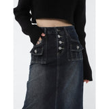 yipinpay Women Blue Denim Half Body Skirt Gradient High Waist Casual Korean Fashion Mid Length Bottoms Baggy Vintage Female Long Skirt