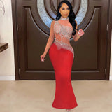 Yipinpay Shiny Sexy Diamond Dress Round Neck Long Sleeves Elegant Mesh Rhinestone Dress Gorgeous Party Dresses For Women