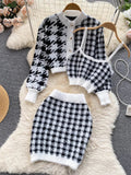 Yipinpay Fashion Plaid Knitted Three Pieces Suits Autumn Button Cardigan Top+Mini Camis+Elastic Short Skirt Women Sweater Sets