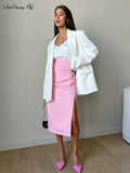 Yipinpay Pink Elegant Women Split Skirts High Waist Summer Straight Black Skirts Ruched Casual Ladies Office Midi Skirts 2023