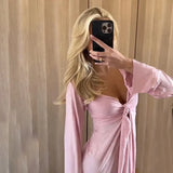Yipinpay Womens Long Sleeve T-Shirts Solid Color Deep V-Neck Front Tie Split Bow Knot Casual Fall Winter Fashion Slim Fit Tops