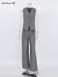 Yipinpay Gray Office Two Pieces Pants Suits Blazers Vest And Wide Leg Pants Women Sets Business Casual Ladies Outfits 2023