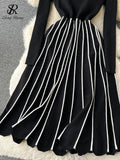 Yipinpay Turtleneck Striped Pleated Knitted Dress Long Sleeve Thick Elastic Warm Dress Women Winter Vinage Chic Sweater Dress