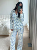Yipinpay Women's Y2K 2Pcs Heart/Floral Print Pajamas Set Long Sleeve Lapel Button Up Shirt Tops+Sleepwear Pants Pjs Loungewear
