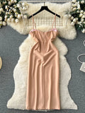 Yipinpay Party Long Sling Dress Women Solid Backless Zipper Diamonds Split Bodycon Sundress Senior Korean Style Sexy Slim Dress