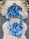Yipinpay Fashion Zebra Print Sexy Suits 2024 Stand Collar Long Sleeves Short Top+Bodycon Mini Skirt Sensual Beach Slim Sets