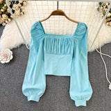 Yipinpay Puff Sleeve Square Collar Shirts Women Elegant Sexy Ruched Korean Female Blouses Streetwear Y2K Harajuku Blusas Tops