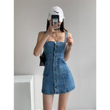 yipinpay Women Denim Dress Summer New Sexy Straps Skinny Short Skirt Blue Korean Fashion Classic Streetwear One Word Collar Jean Dress