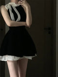 Yipinpay Sexy Dress Woman Bow Bandage Sleeveless Slim Patchwork Black Mini Dresses Puffy Elegant Vintage Ladies Summer Fashion