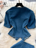 Yipinpay Fashion Denim Suits Cardigan Square Collar Short Sleeves Blouse+High Waist A Line Skirt Women Hotsweet Two Pieces Sets