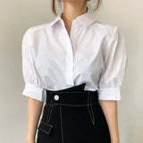 Yipinpay Pleated Loose White Doll Shirt Puff Sleeve Lapel Blouse Lady Casual Wild Camisa Blusas Mujer De Moda Blue Irregular Shirt