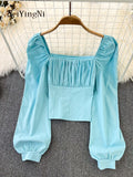 Yipinpay Puff Sleeve Square Collar Shirts Women Elegant Sexy Ruched Korean Female Blouses Streetwear Y2K Harajuku Blusas Tops