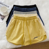 Yipinpay Women Summer Short Pants Embroidery Letters Drawstrings Elastic Waistband High Waist Shorts Ladies Short Tight Trousers