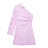 Yipinpay Striped Pink Dress Woman Asymmetric Off Shoulder Mini Dress Women Long Sleeve Short Dresses Ruched Casual Summer Dresses