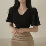 Yipinpay Shirts for Women Temperament V-neck Flare Short Sleeve Top Slim Fit Crop Ropa Mujer Pink T-shirt Korean Ruffled Tshirt