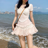 Yipinpay Fairycore Mesh A-line Women Lace Korean Fashion Cute Skirt Female Summer Slim College Style Lolita Fairy Skirts