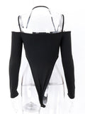 yipinpay Sleeve Sexy Bodysuit Off Shoulder Bodycon Club Party Body Women Outfit High Waist Top Streetwear Skinny Black Bodysuit