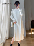 yipinpay White Oversized Sweater Midi Dresses for Women Plain Retro Twisted Thicken Stylish Knitted Dress Women Split Warm Robe