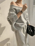 Yipinpay Temperament Off Shoulder Design Loose Casual Solid Color Long Sleeve Knitted Sweater Women Grey Y2k Top Sueter New Korean