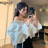 Yipinpay Off Shoulder Blouse Women Slash Neck Ruffles Crop Tops Drawstring Criss Cross V Neck Butterfly Sleeve Chic Ladies Shirts