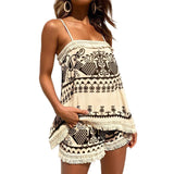 Yipinpay Women Vintage Printing Pants Suit Spaghetti Strap Fringed Camisole And Loose Fit Shorts Casual Everyday Wear Hot S-XL
