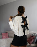 Yipinpay New Women Contrast Color Bow Sequin Jacket Long Sleeve O Neck Female Party Elegant Crop Coat