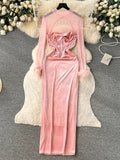 Yipinpay Sexy Velvet Patchwork Dress Hollow Out Mesh Long Sleeves Fur Design Slim Autumn France Chic Ladies Evening Party Dress