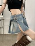 Yipinpay Pleated Denim Mini Skirt Women Vintage Y2k Summer Sexy Slit Belt Patchwork Low Waist Jean Skirt Casual Korean Streetwear