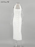 Yipinpay Summer Cotton White Dress Women Elegant Lace-Up Pockets Slim Straight Dress 2023 Women Evening Fashion Button Dress
