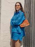Yipinpay Cotton Linen Women Summer Set Of Top With Shorts Blue 2 Piece Set Female Casual Shorts Suits Pocket Shirt Outfit