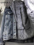 Yipinpay Spring Winter Women's Denim Jacket Bomber with Fur Collar Female Cold Coat Thick Warm Korean Chic Vintage Aviator Jackets